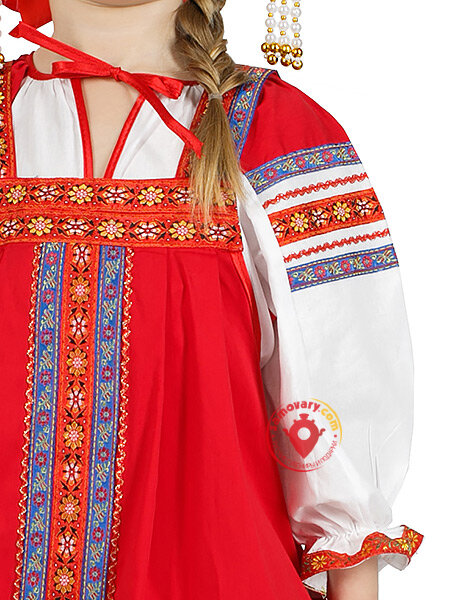 Русский народный костюм "Забава" детский льняной красный сарафан и блузка